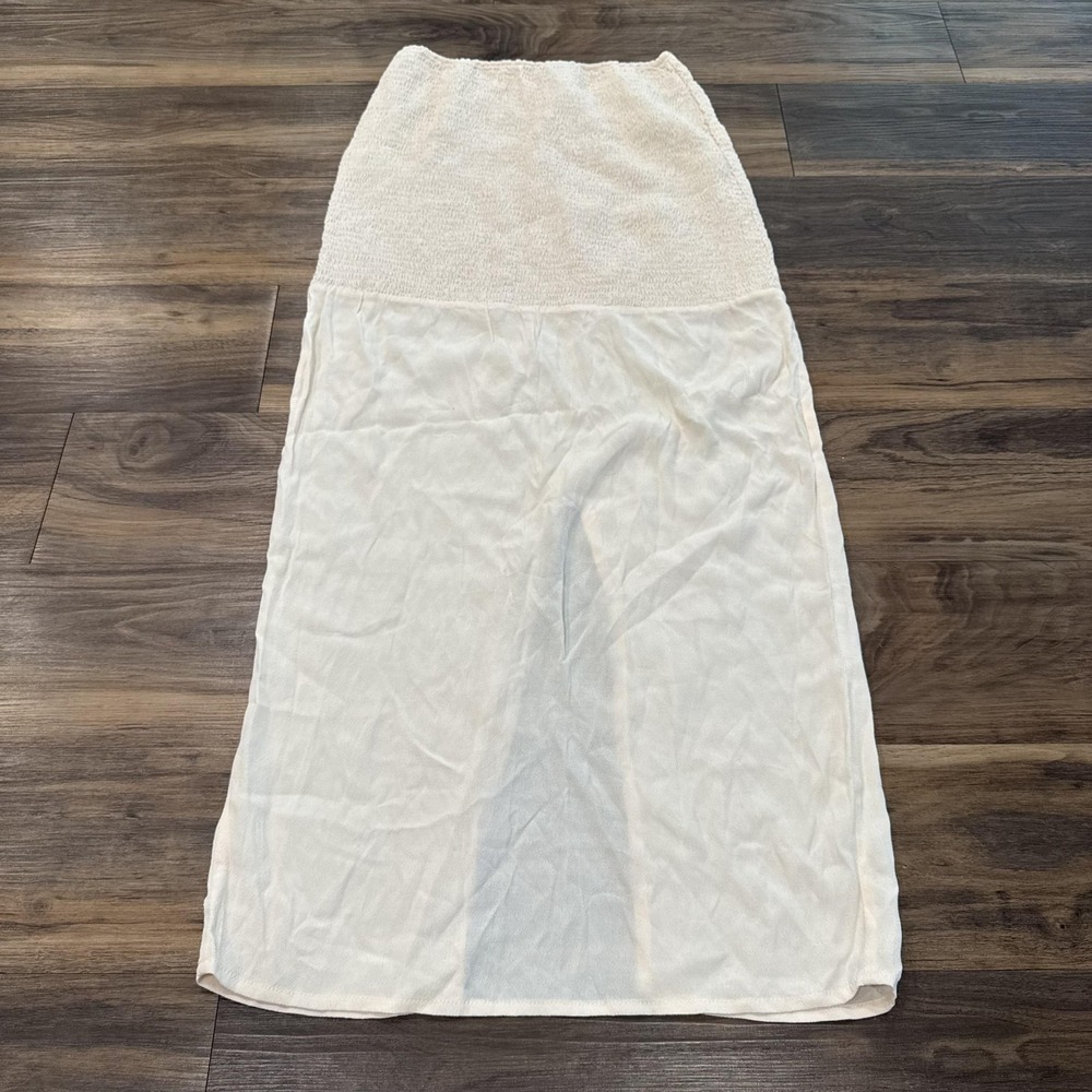 TROIS The Label Skirt Womens S/M Cream Strapless Smocked Bodice Maxi Slit